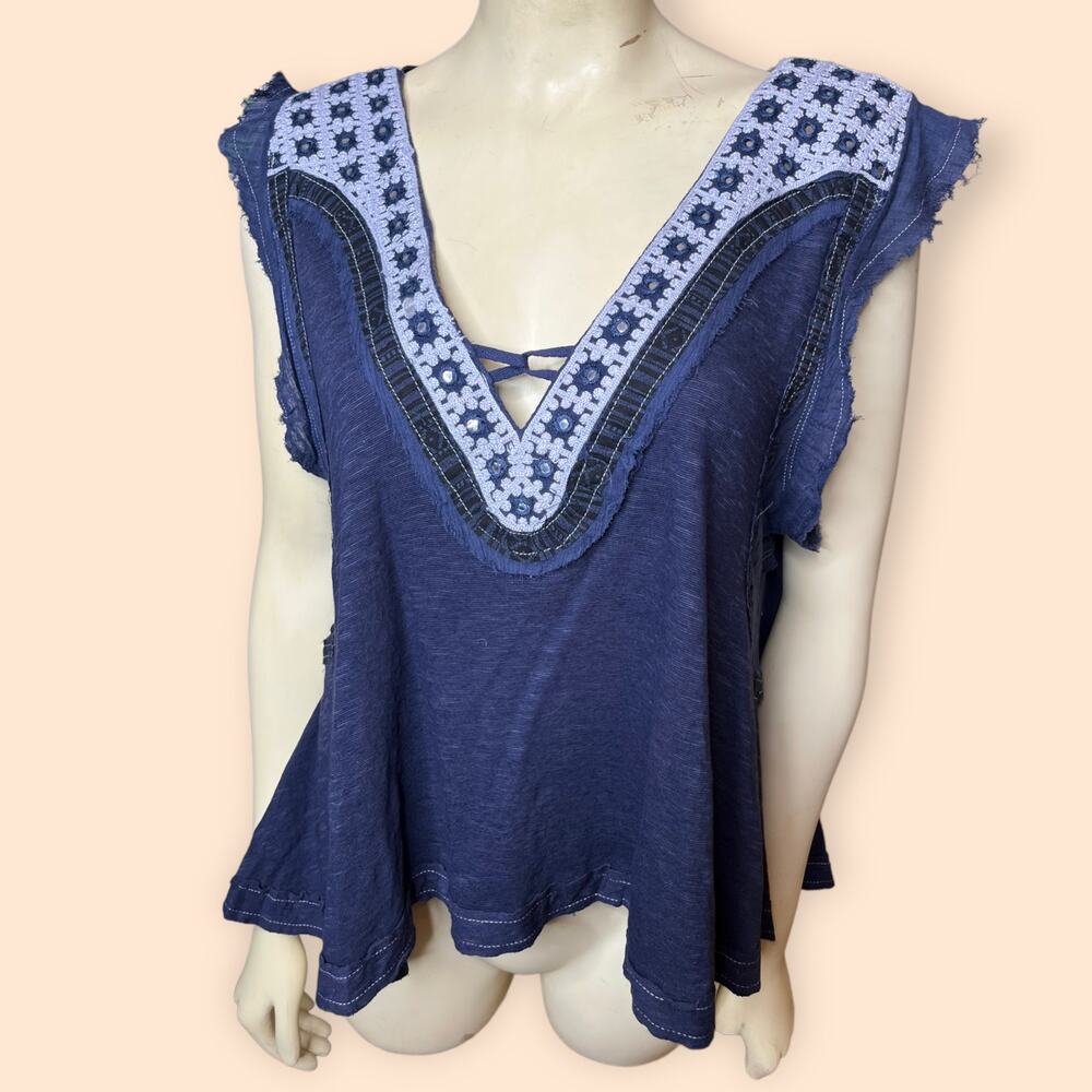 Free People Blue Deep V Top